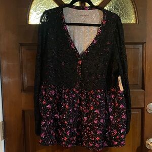 Black and Pink Floral Lace Blouse